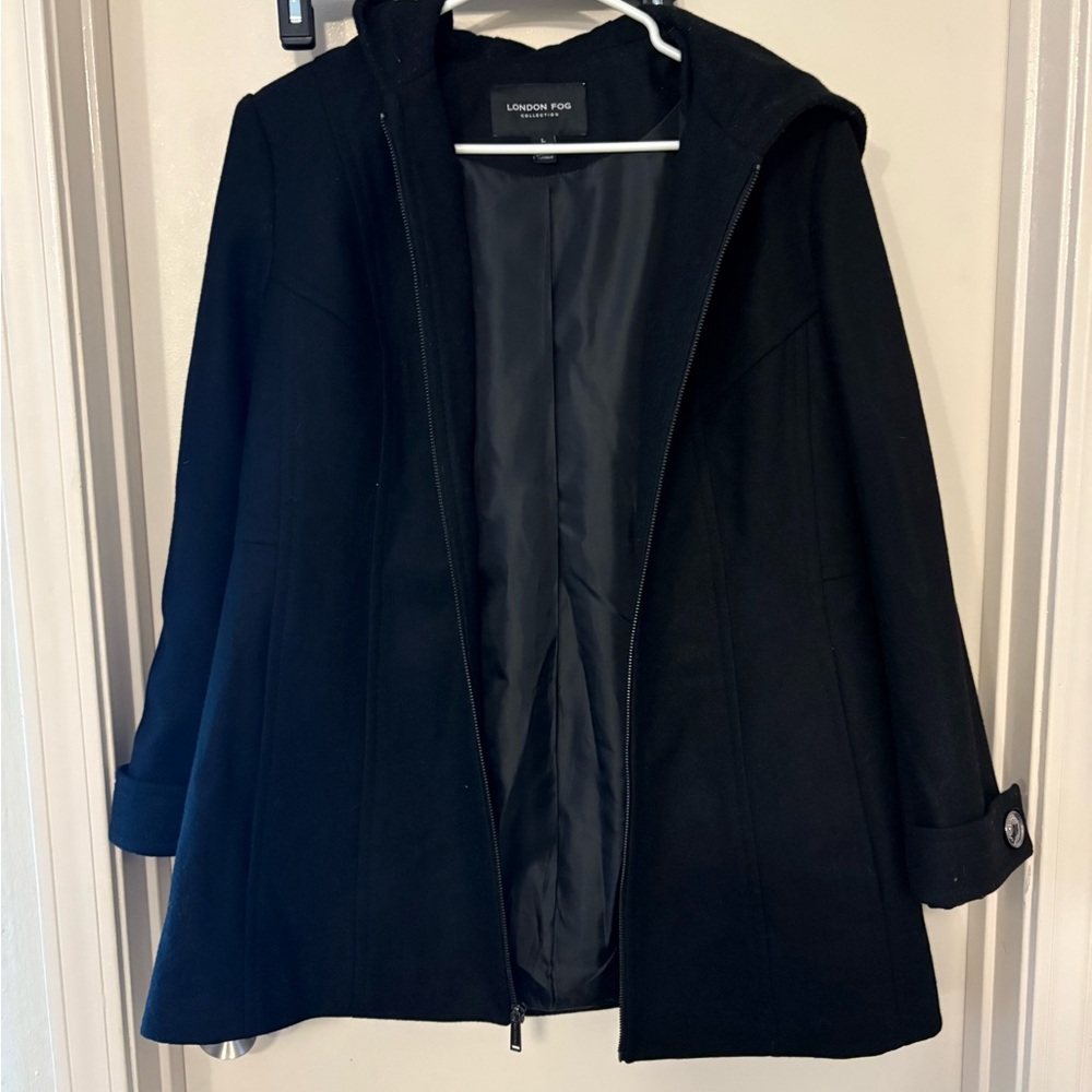 London Fog Women's Black Trench Coat with Hood wool blend size large